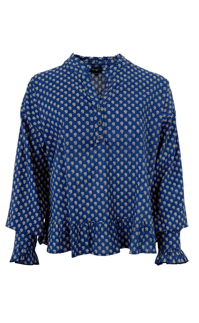 Black Colour Bluse - Flora Ruffle - Blue Floral