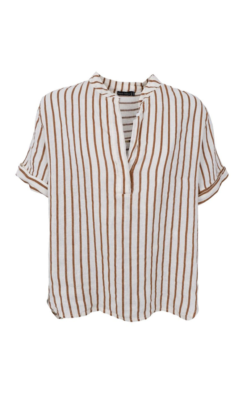 Black Colour Skjorte - Melina SS Linen - Camel Stripe
