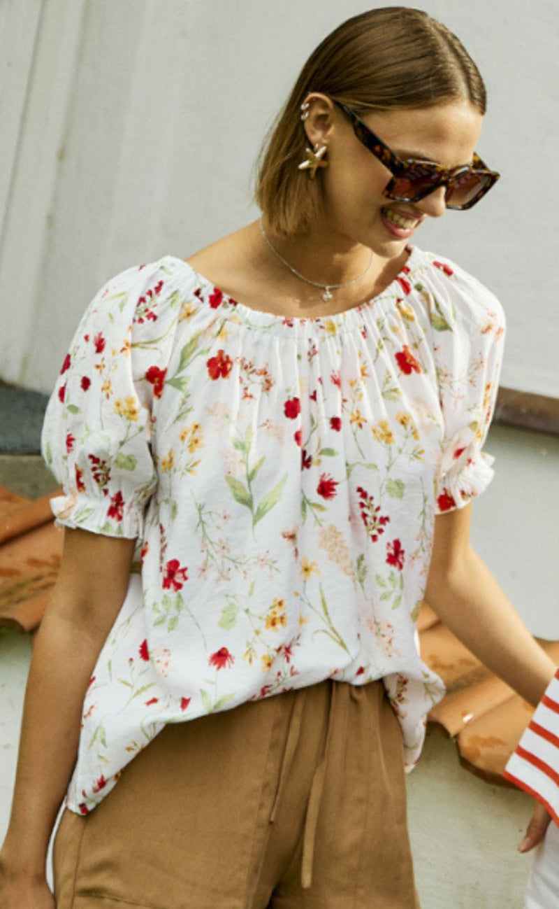 Freequent Bluse - Mele - Brilliant White w. Hot Coral