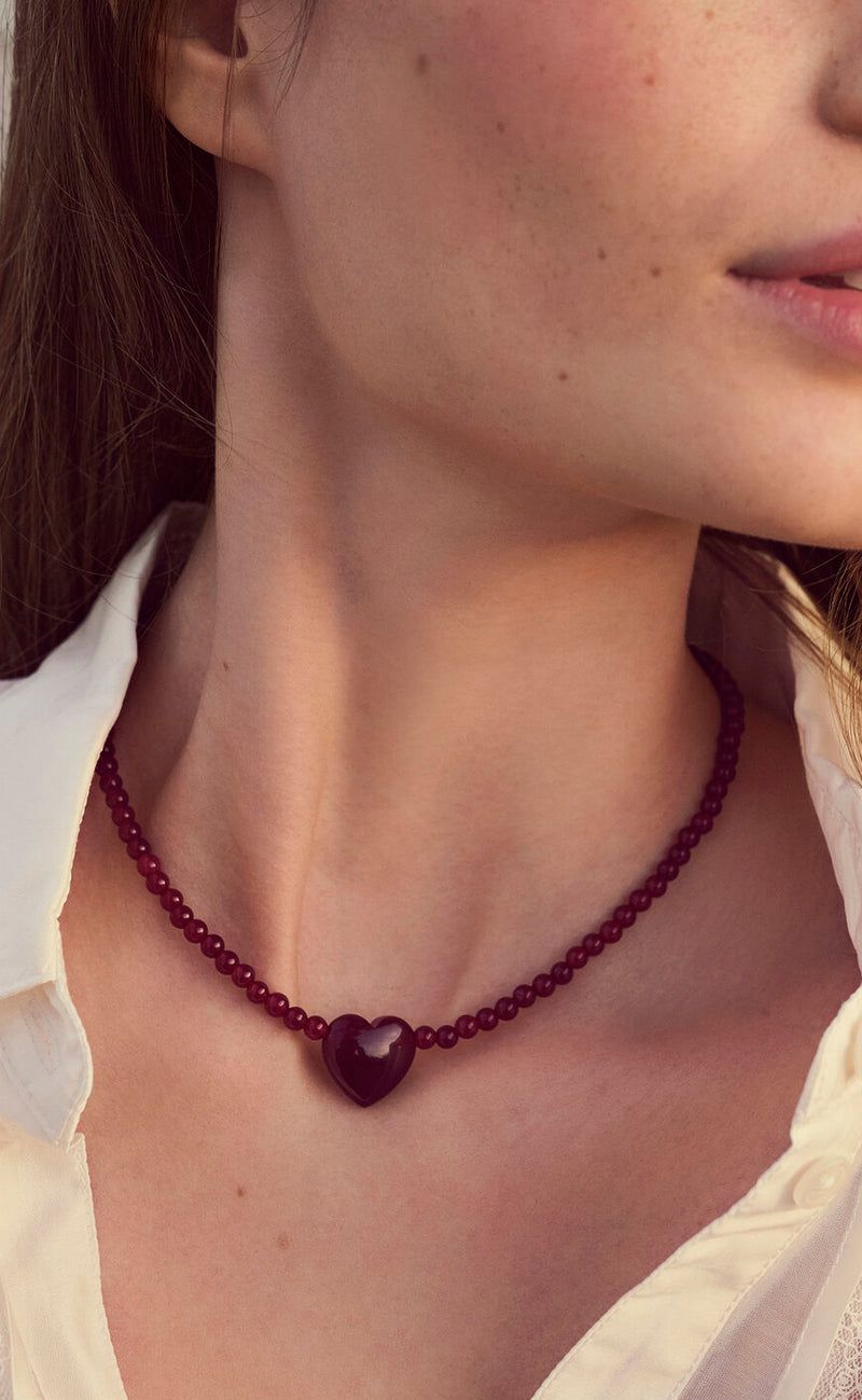 Maanesten Halskæde - Maroon Heart - Red Jade