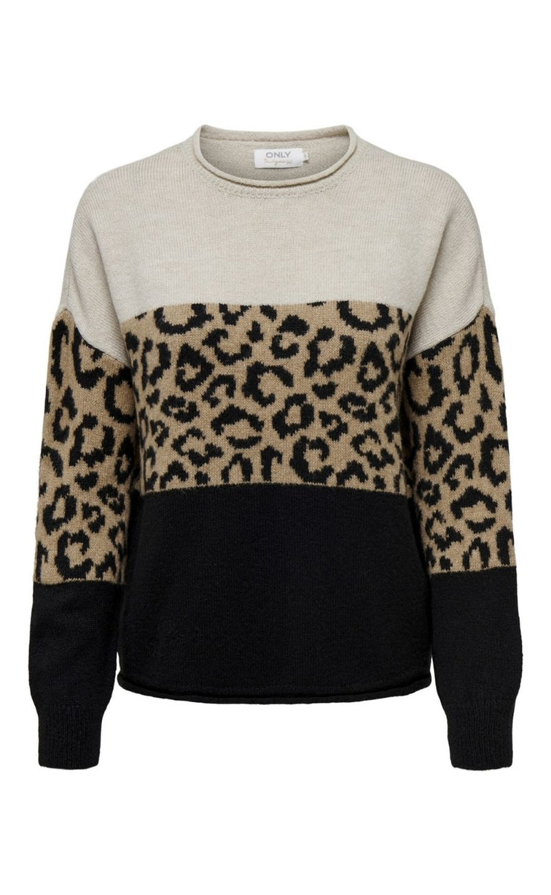 ONLY Strik - Jade Animal LS O-Neck - Moonbeam Black/Toasted Coconut