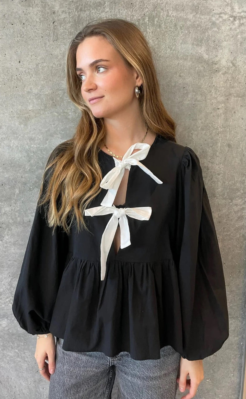 PIECES Bluse - Golly Bow - Black White Bows