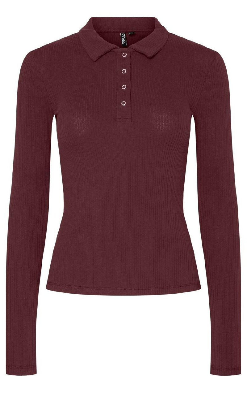 Pieces Bluse - Kitte LS Polo - Tawny Port