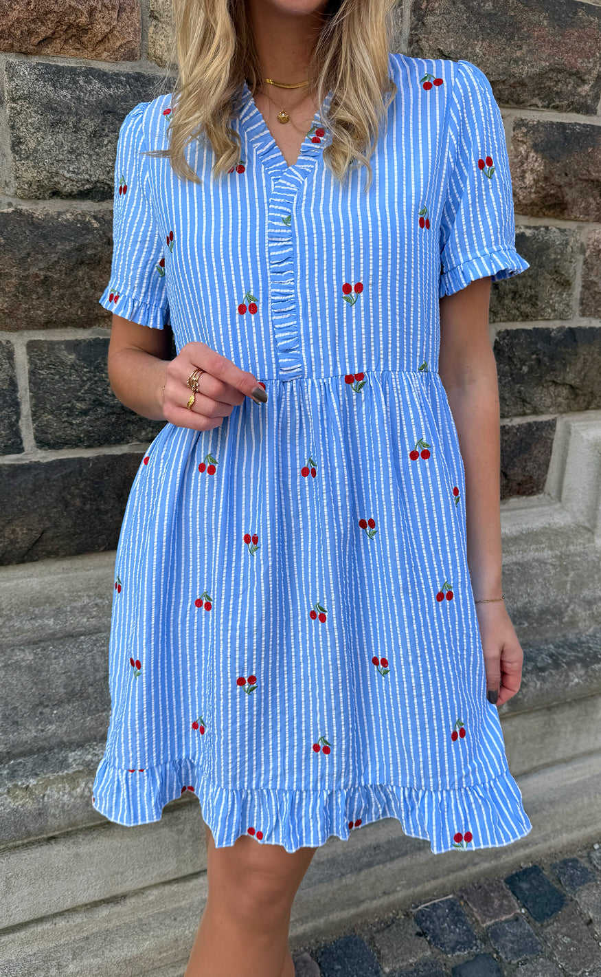 Say INA Copenhagen Kjole - Catja Summer - Blue Striped W. Cherries