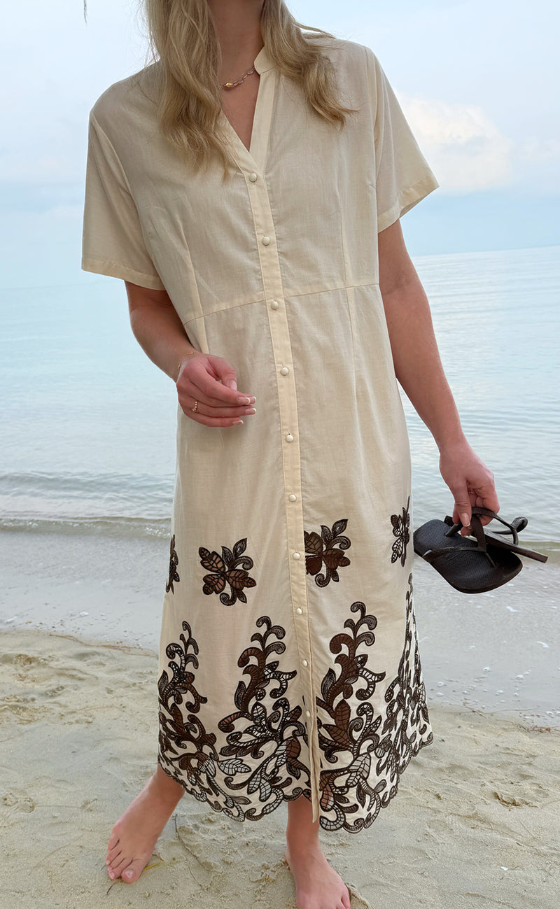 Say INA Copenhagen Kjole - Elvira - Beige W. Brown Embroidery