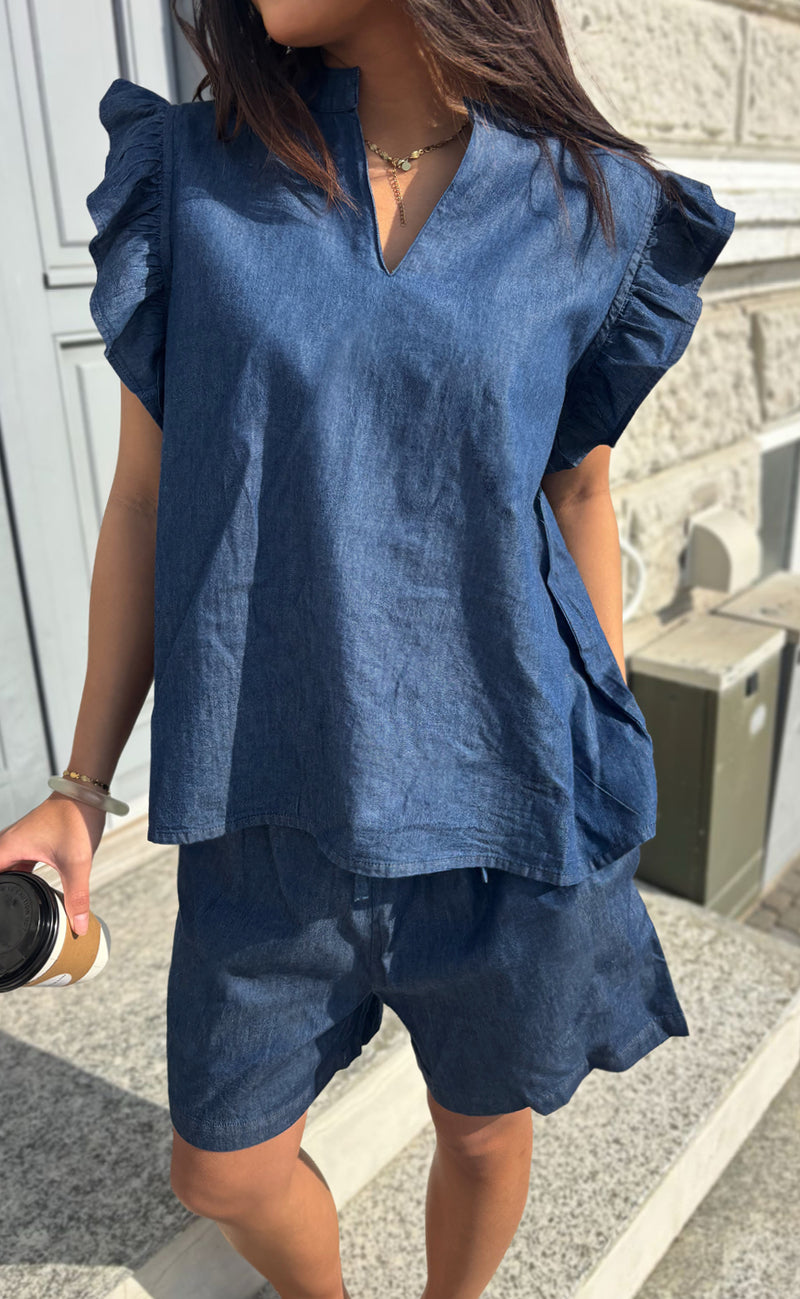 Say INA Copenhagen Top - Detia Frill - Denim Blue