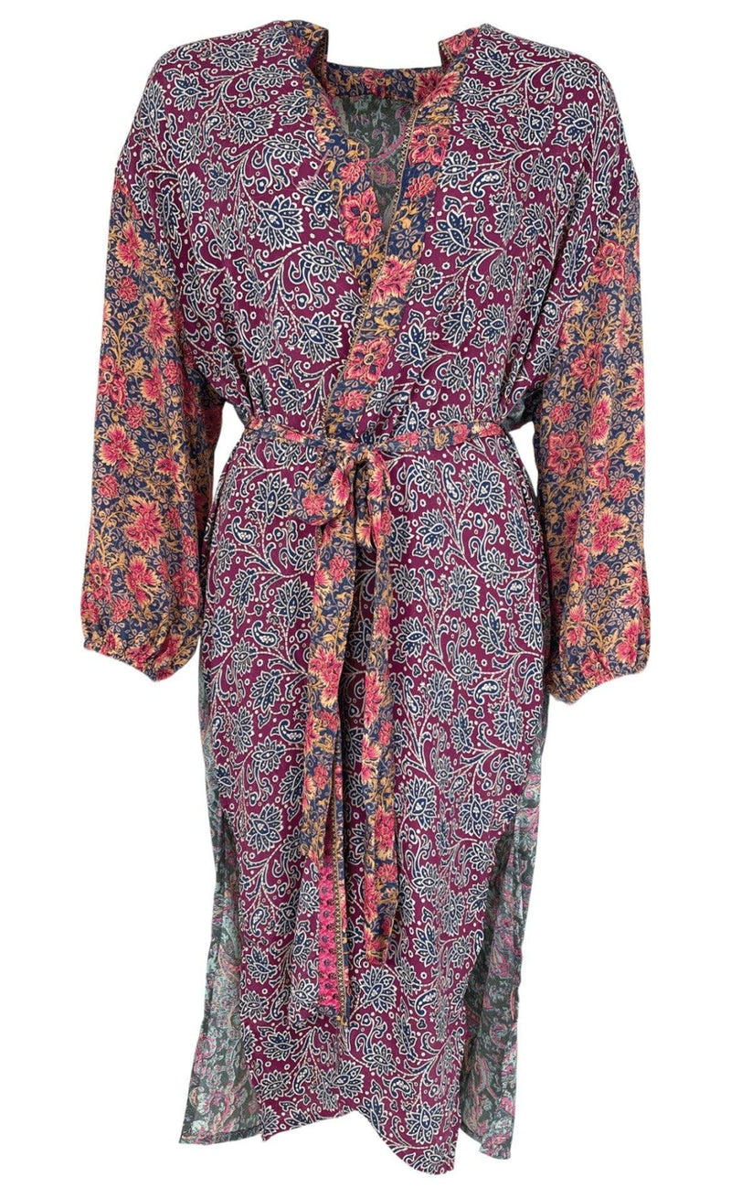 Black Colour Kimono - Luna Long - Fuchsia Bloom