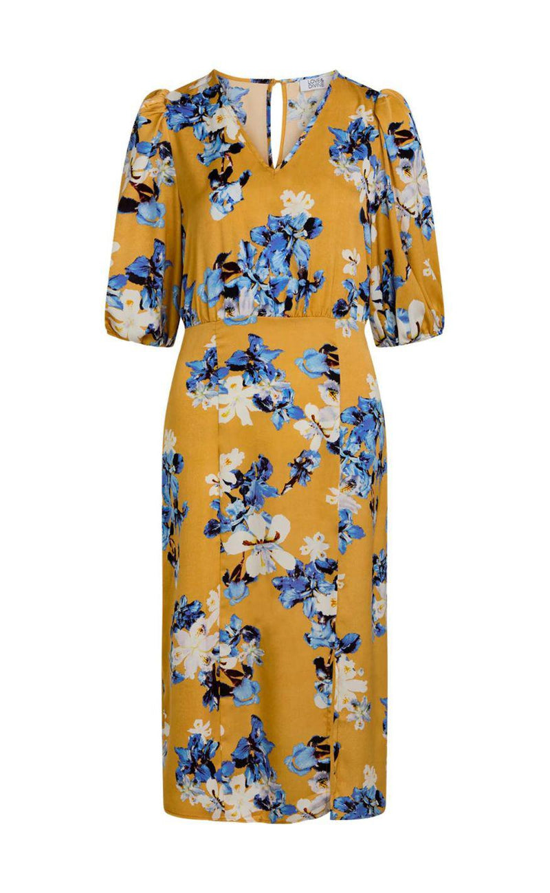Love & Divine Kjole - Love918 - Golden/Blue Flower