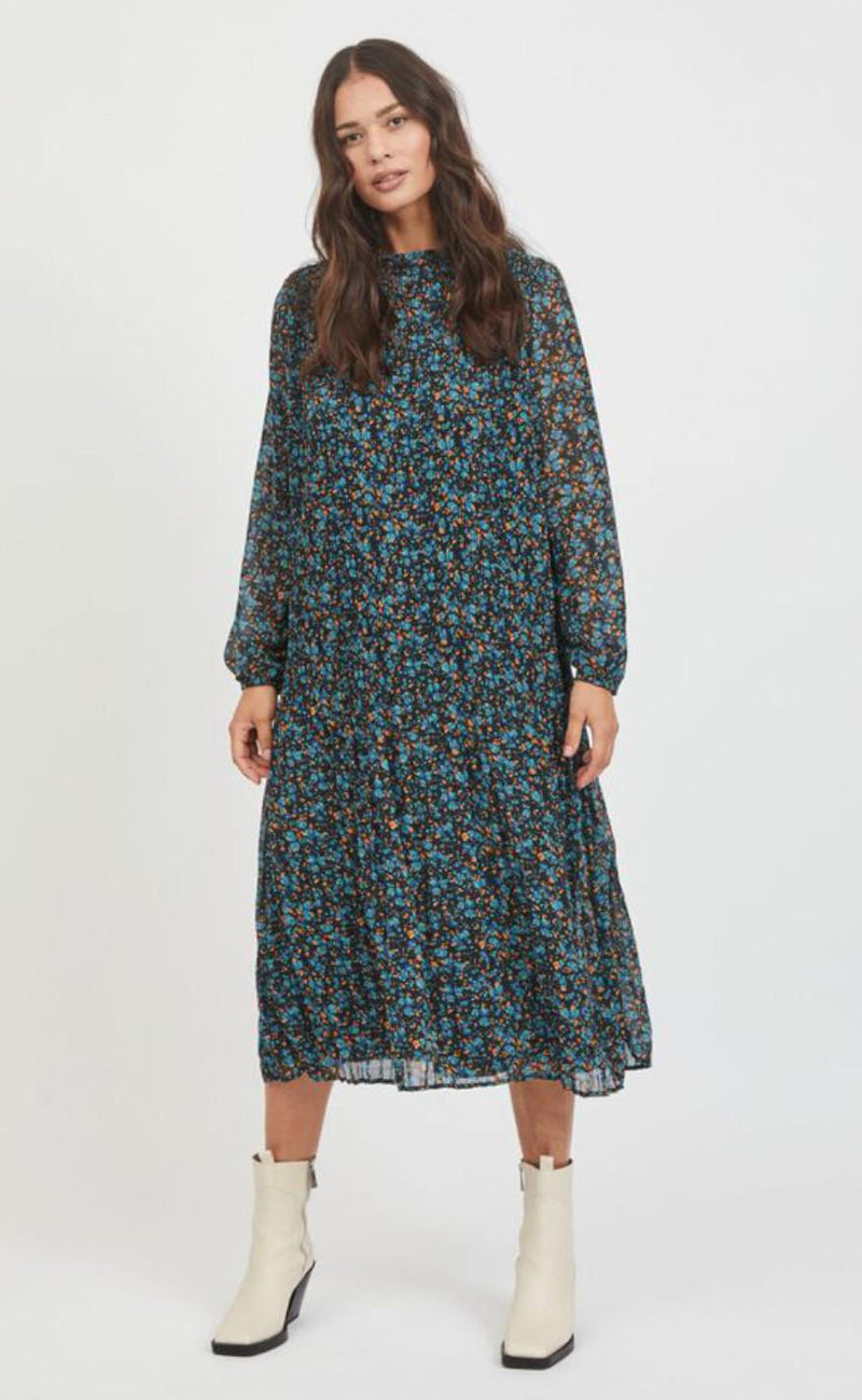 VILA Kjole - Plisse Midi Dress - Black / AOP Deep T