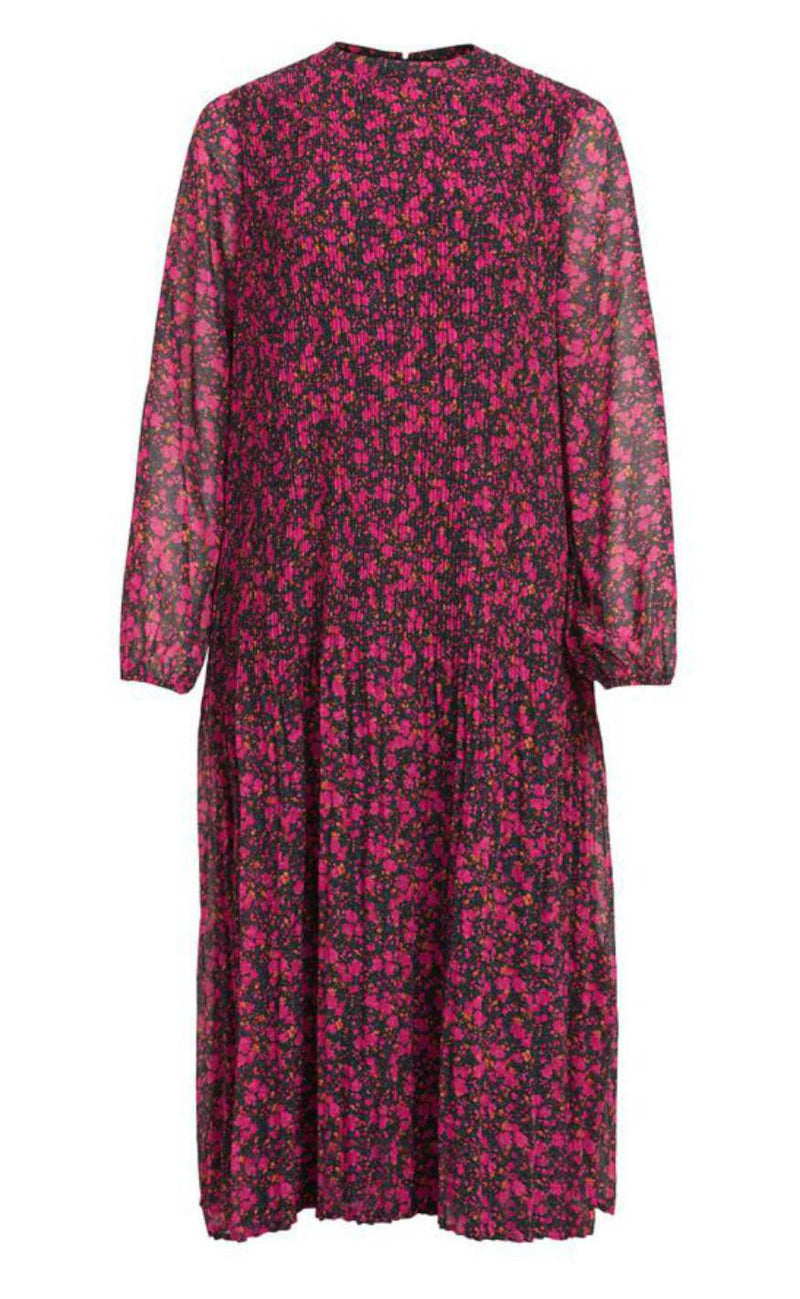 VILA Kjole - Plisse Midi Dress - Black / Flowers