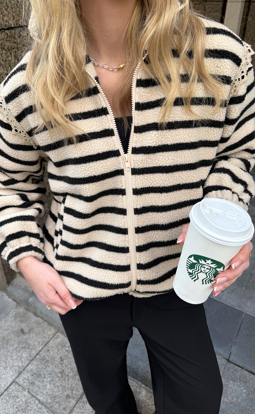 *AKTIVER IKKE* Say INA Copenhagen Fleece Jakke - Fia - Beige W. Black Stripes
