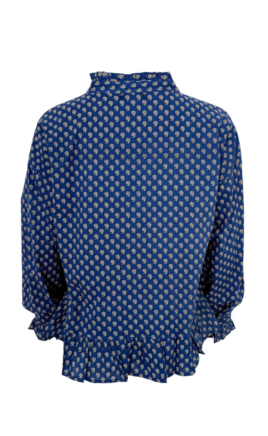 Black Colour Bluse - Flora Ruffle - Blue Floral