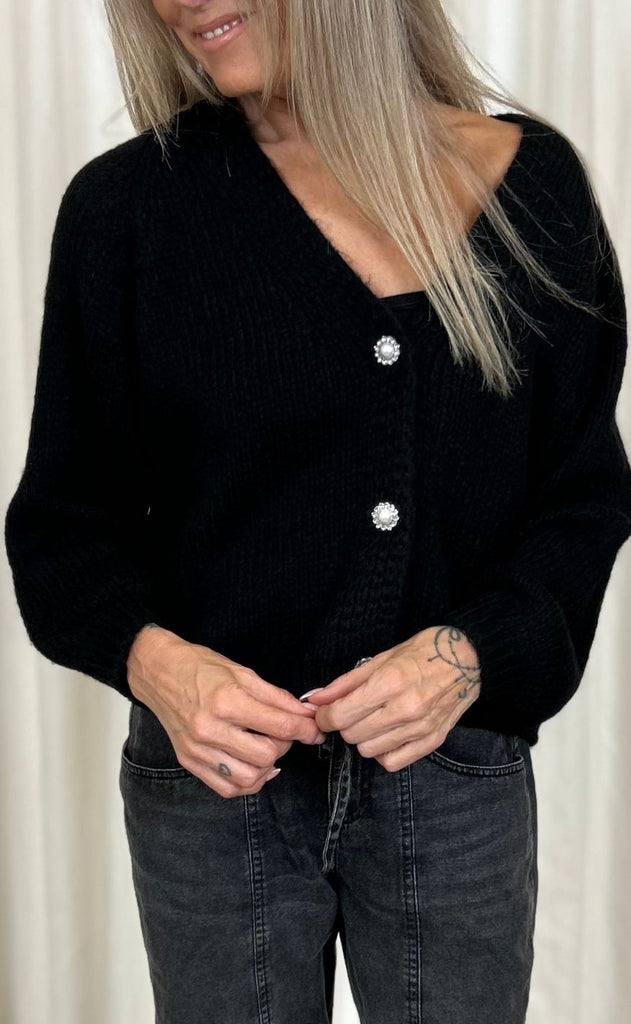 Black Colour Cardigan - Pearl Knit - Black