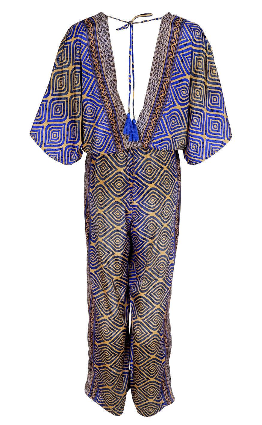 Black Colour Jumpsuit - Luna Double V-Neck - Blue Jewel