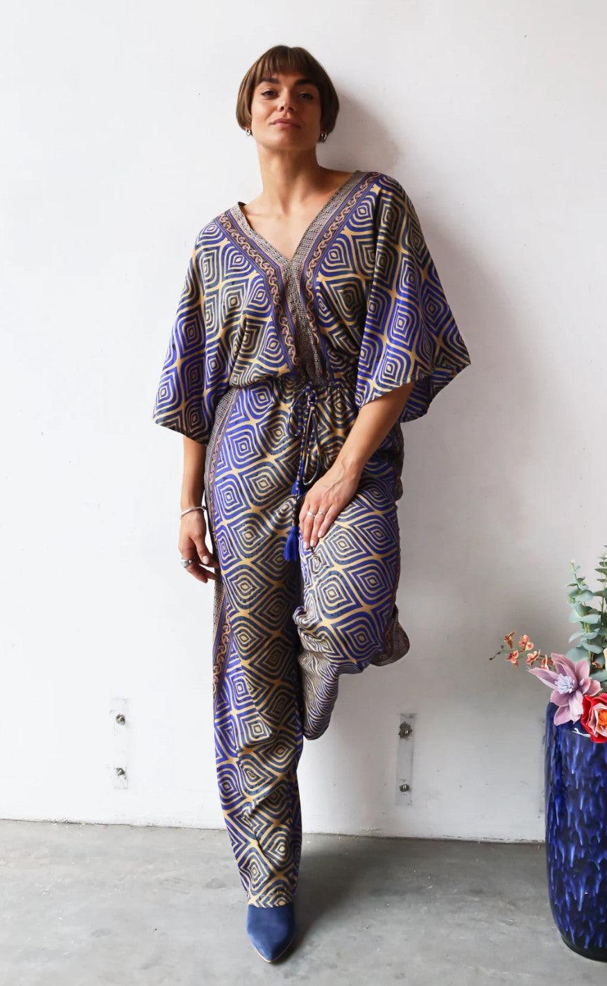 Black Colour Jumpsuit - Luna Double V-Neck - Blue Jewel