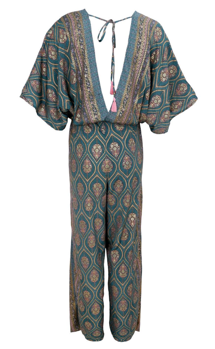 Black Colour Jumpsuit - Luna Double V-Neck - Green Tulip