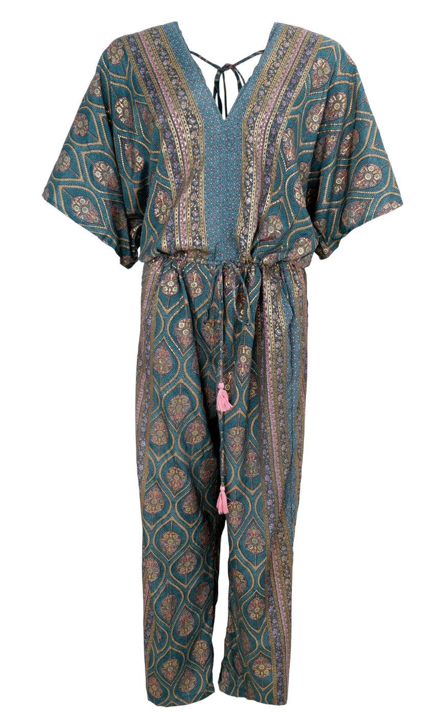 Black Colour Jumpsuit - Luna Double V-Neck - Green Tulip