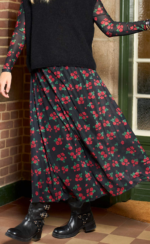 Black Colour Nederdel - Annie Mesh - Red Flower