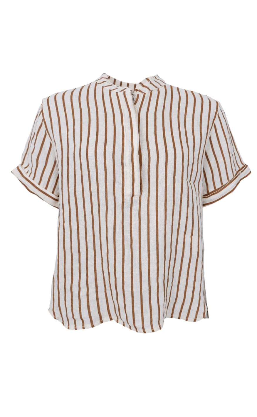 Black Colour Skjorte - Melina SS Linen - Camel Stripe