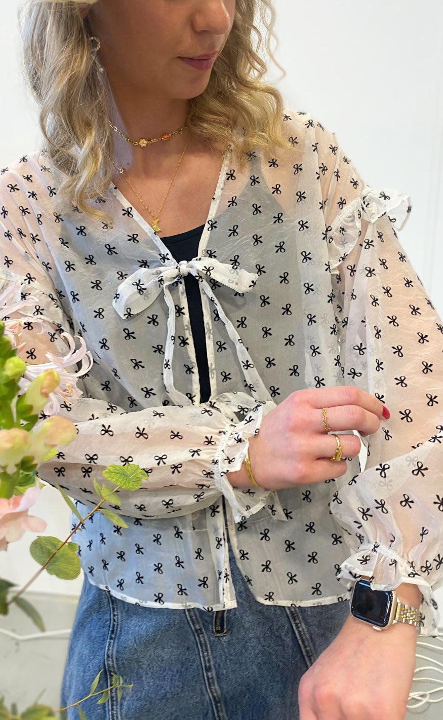 Continue Bluse - Jessy Bow - White Ground W. Black