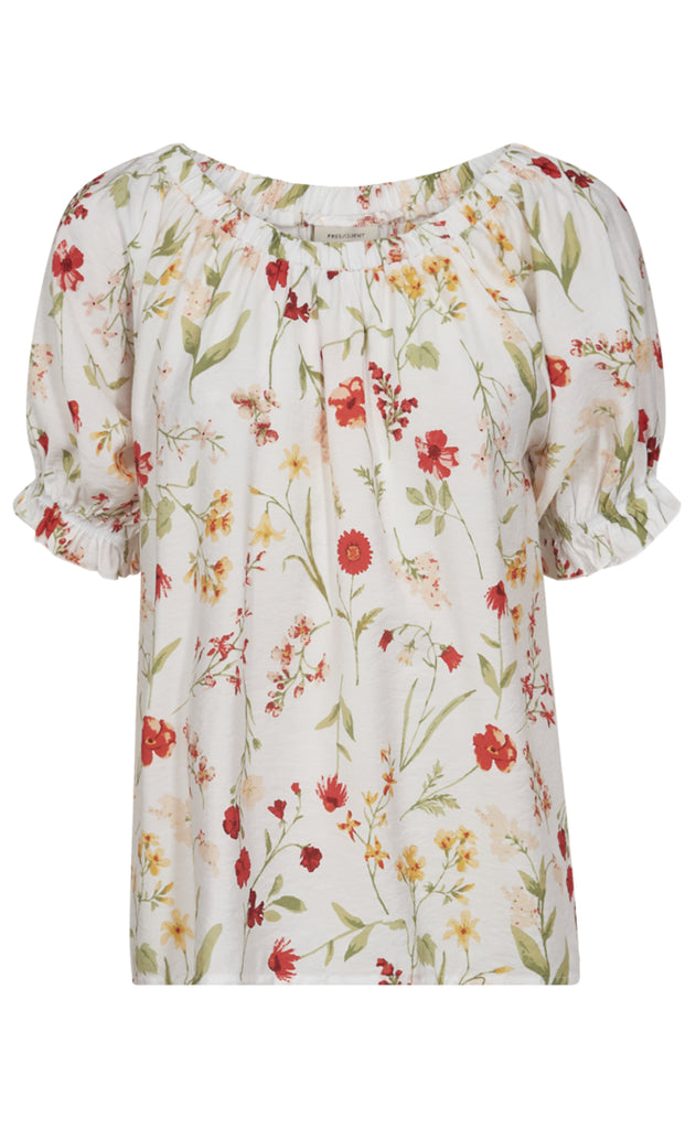 Freequent Bluse - Mele - Brilliant White w. Hot Coral
