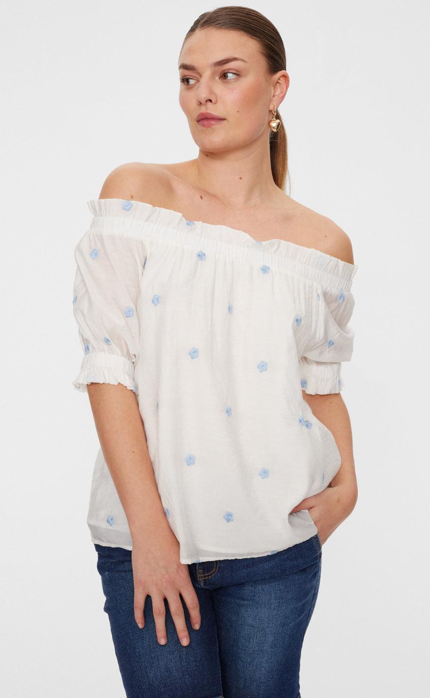 Freequent Bluse - Stream - Brilliant White w. Chambray Blue
