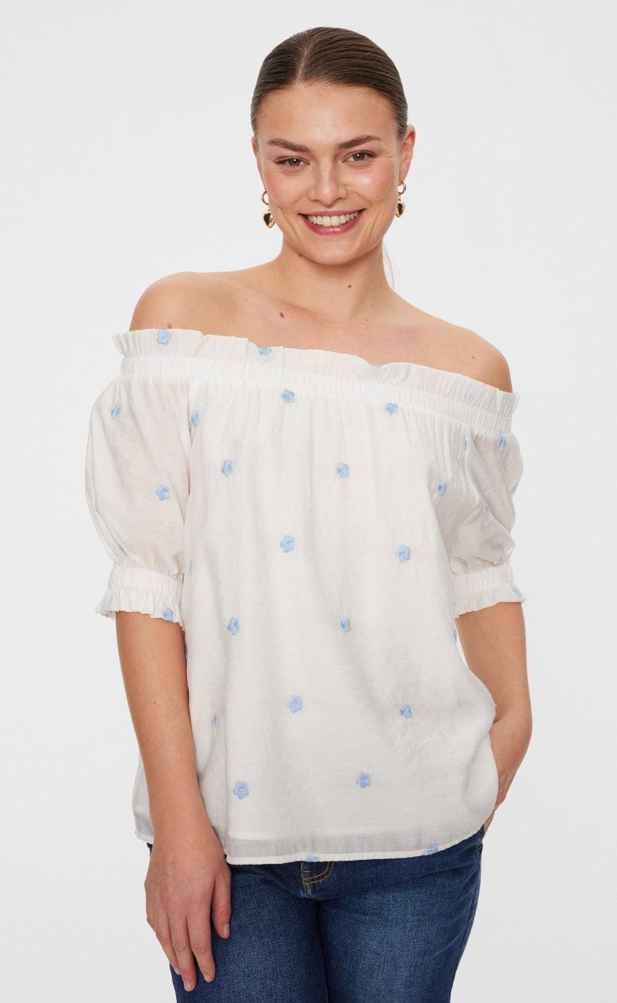 Freequent Bluse - Stream - Brilliant White w. Chambray Blue