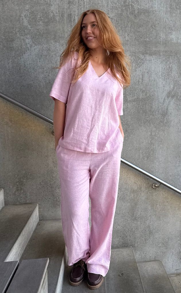 Freequent Bukser - Lava - Off White w. Fuchsia Pink