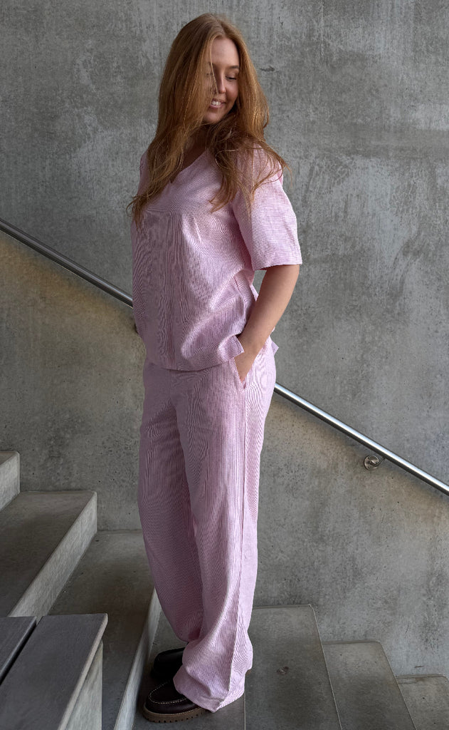 Freequent Bukser - Lava - Off White w. Fuchsia Pink