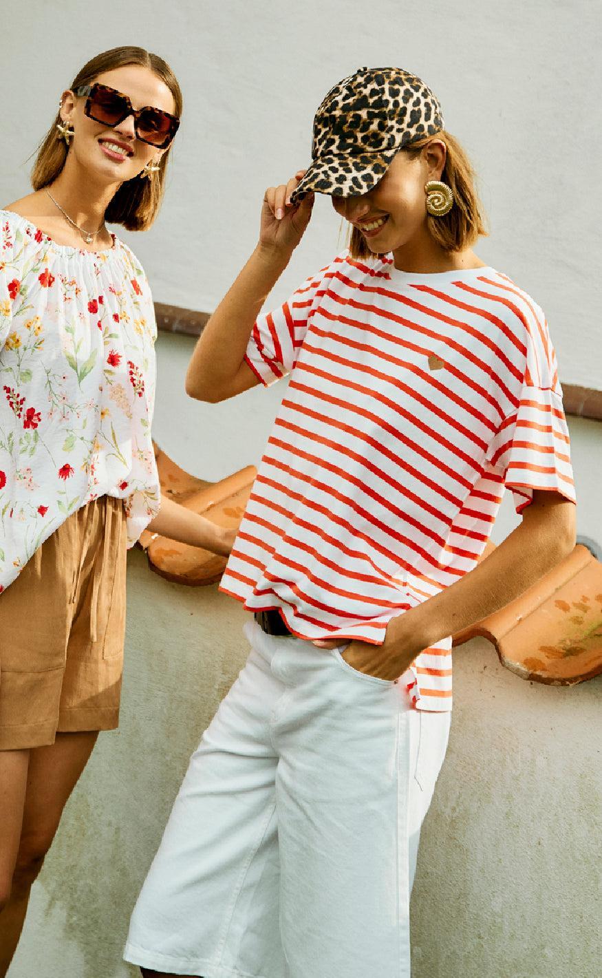 Freequent T-shirt - Fenjal - Brilliant White w. Hot Coral