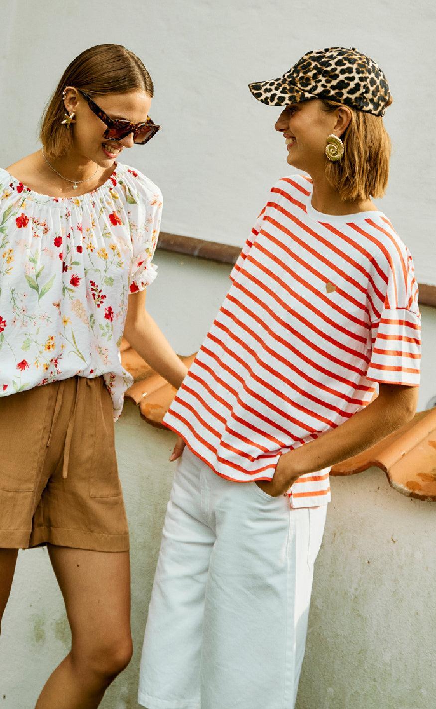 Freequent T-shirt - Fenjal - Brilliant White w. Hot Coral