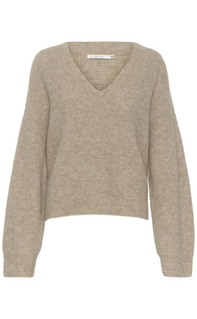 Gestuz Pullover - Alpha V-Neck - Warm Sand Melange