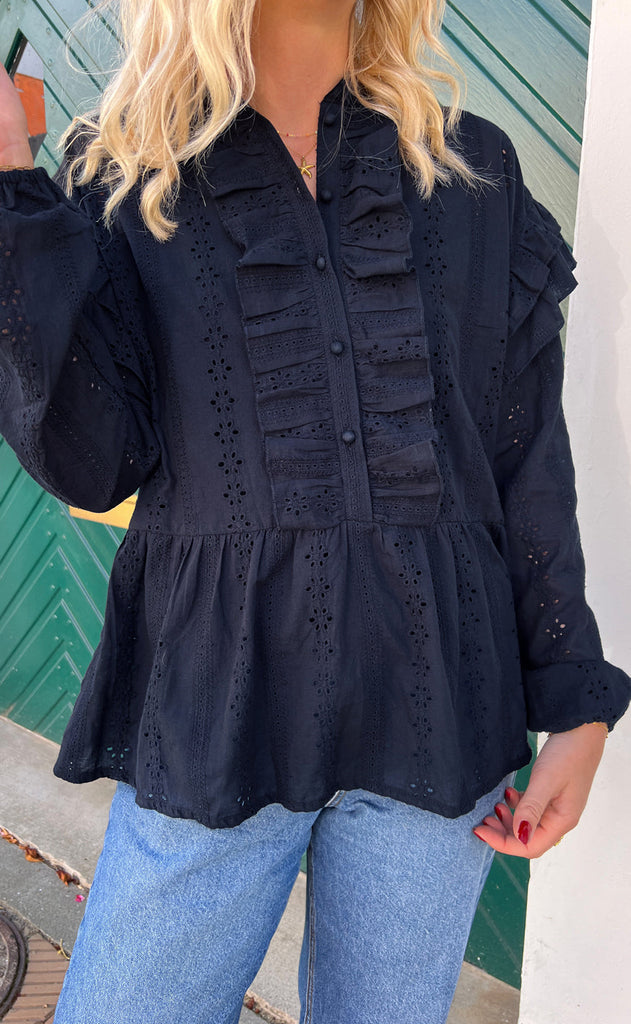 INA Copenhagen Bluse - Frida - Navy Blue Broderie Anglaise