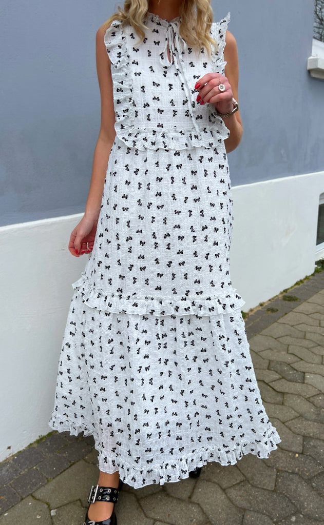 INA Copenhagen Kjole - Lilja Bow Dress - White w. Black Bows