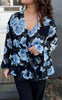 Say INA Copenhagen Bluse - Kaia Frill - Black Chiffon w. Blue Flowers