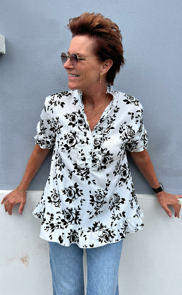 INA Copenhagen Bluse - Philine - White/Black Roses