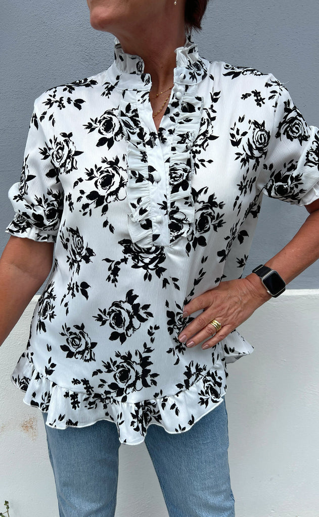 INA Copenhagen Bluse - Philine - White/Black Roses