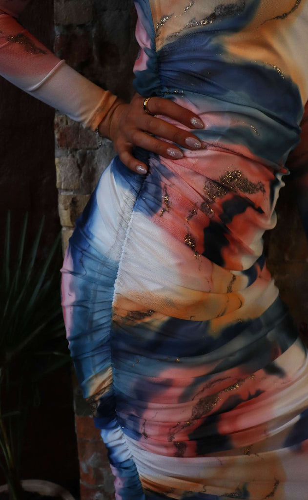 Liberte Kjole - Mesh - Blue Peach Gold Marble