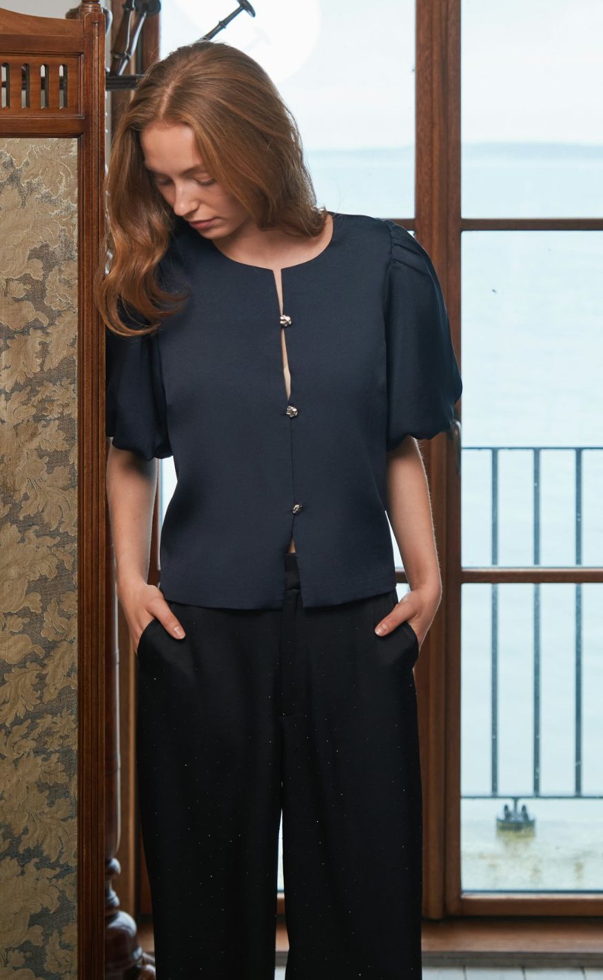 Neo Noir Bluse - Aisa Dull Satin - Navy