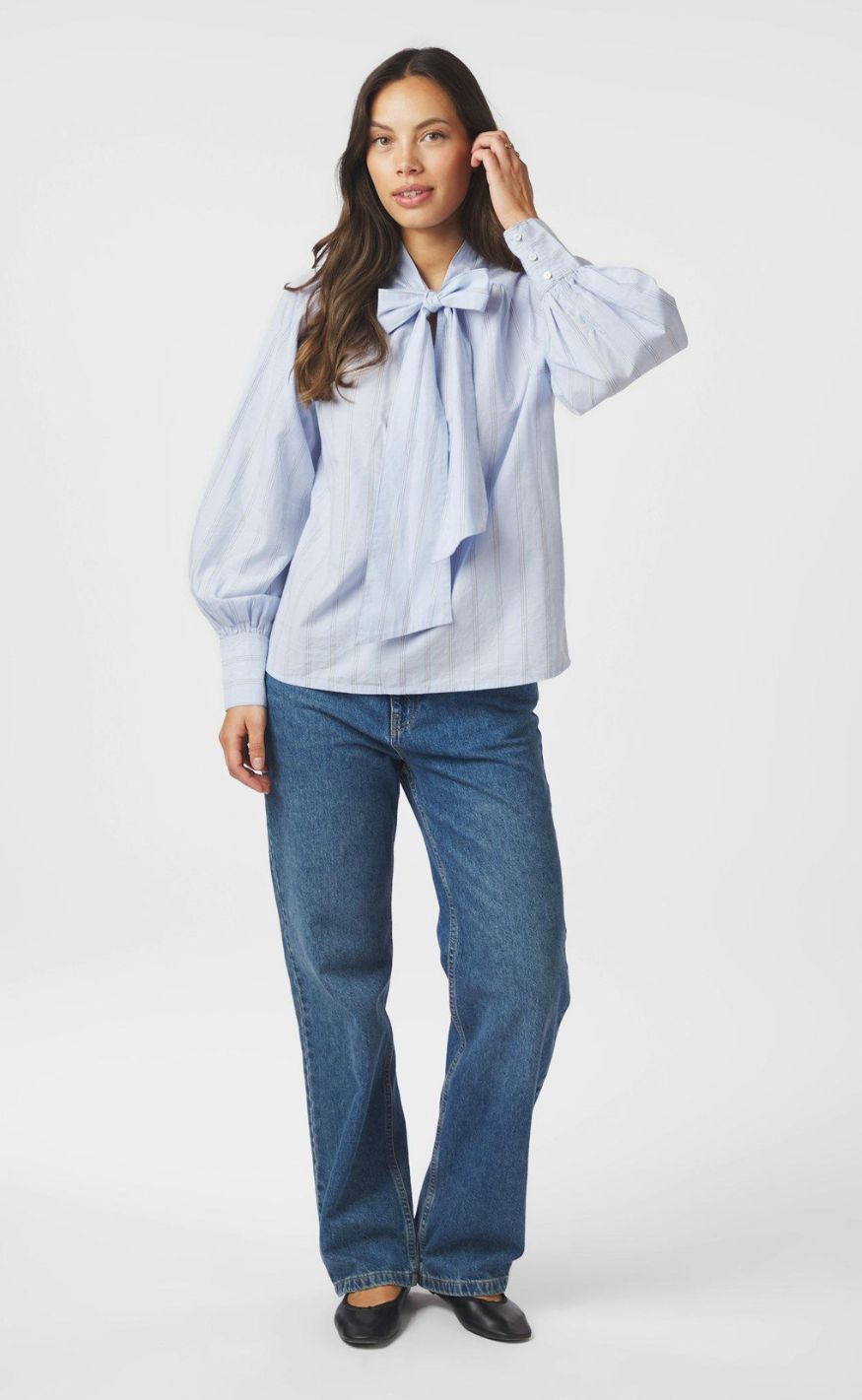Neo Noir Bluse - Jaz Bow Stripe - Light Blue