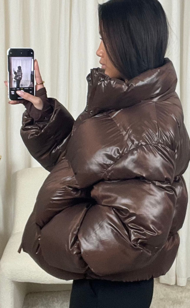 Neo Noir Jakke - Rhea Shiny Puffer - Dark Brown