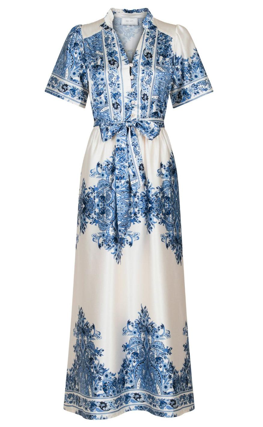 Neo Noir Kjole - Noelle Paisley Border - Bright Blue