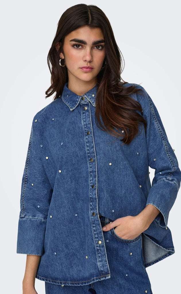 ONLY Skjorte - Grace Rhinestone - Medium Blue Denim