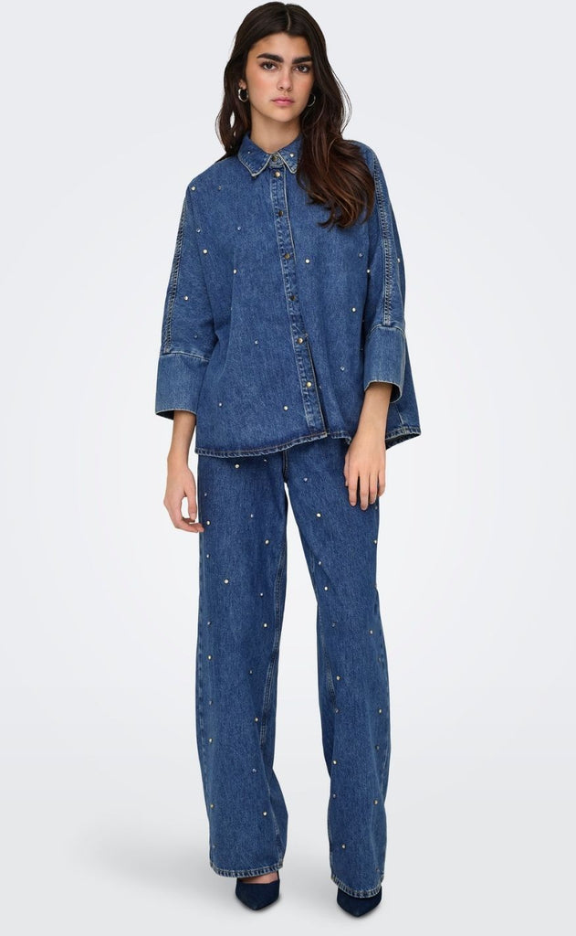 ONLY Skjorte - Grace Rhinestone - Medium Blue Denim