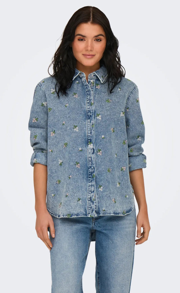 ONLY Skjorte - Vera - Light Blue Denim Flower