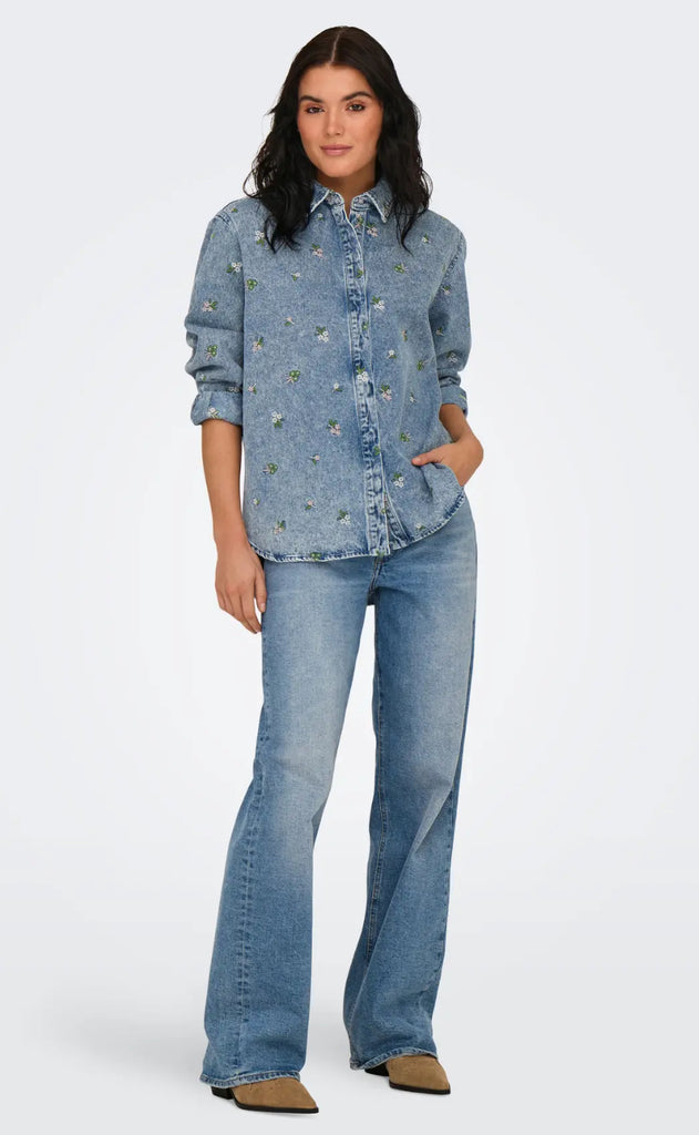 ONLY Skjorte - Vera - Light Blue Denim Flower