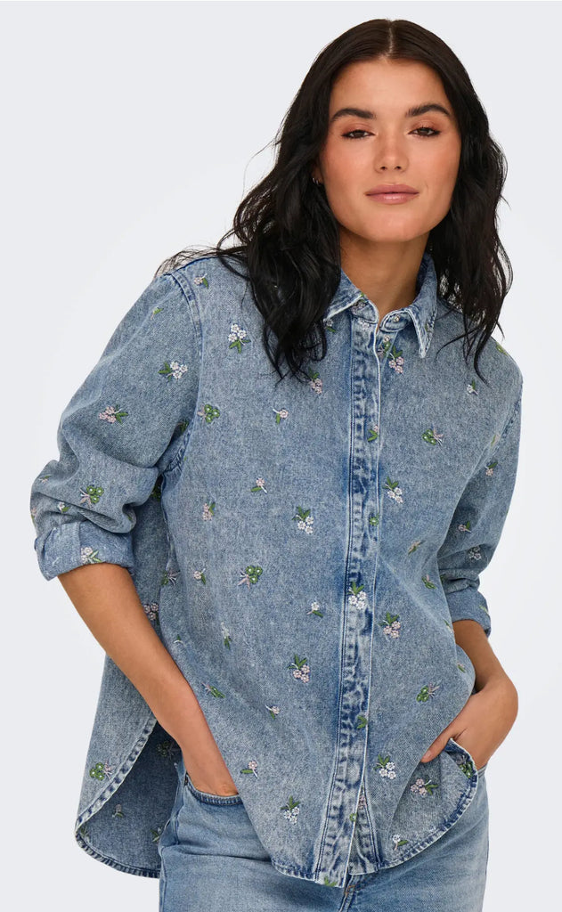ONLY Skjorte - Vera - Light Blue Denim Flower