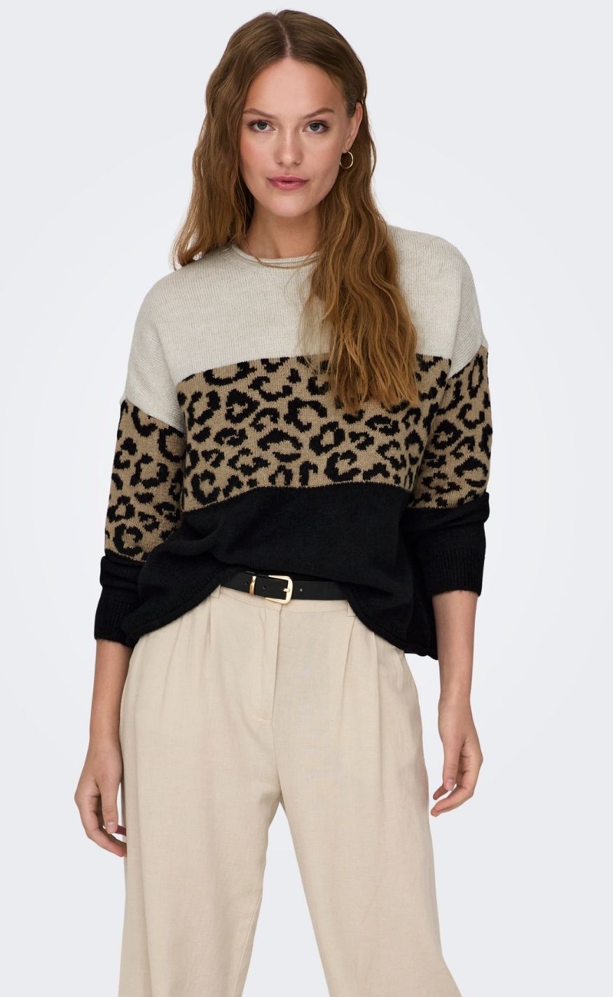 ONLY Strik - Jade Animal LS O-Neck - Moonbeam Black/Toasted Coconut