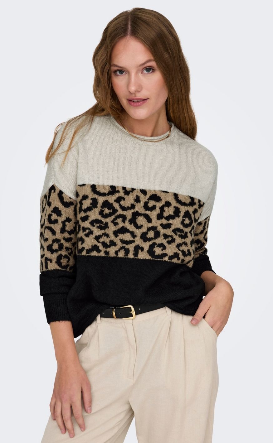 ONLY Strik - Jade Animal LS O-Neck - Moonbeam Black/Toasted Coconut