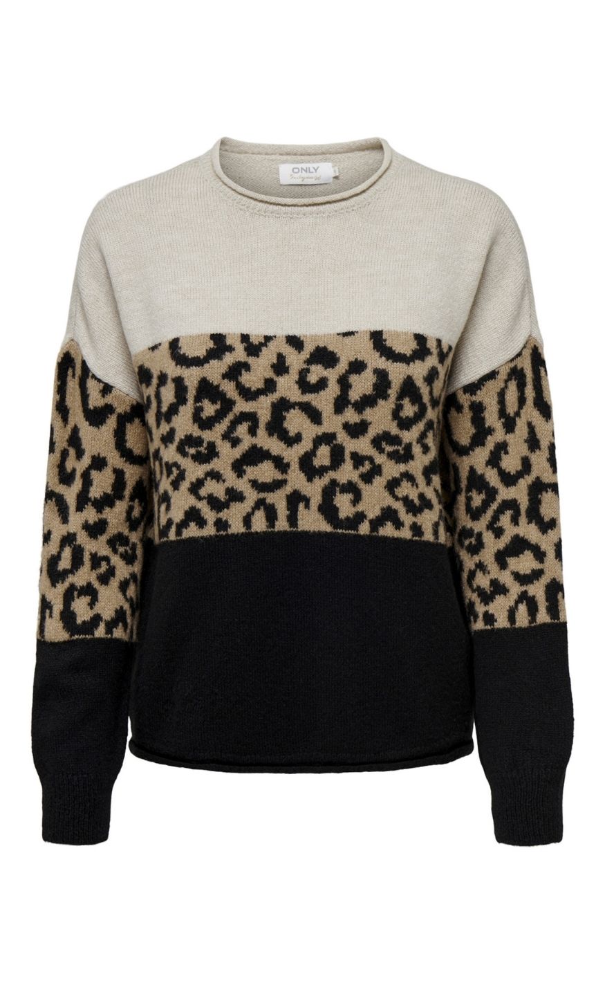 ONLY Strik - Jade Animal LS O-Neck - Moonbeam Black/Toasted Coconut